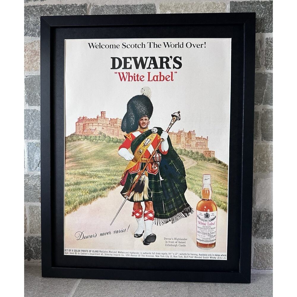 Framed 1967 Dewar's Scotch Edinburgh Castle Vintage Print Ad Whiskey White Label